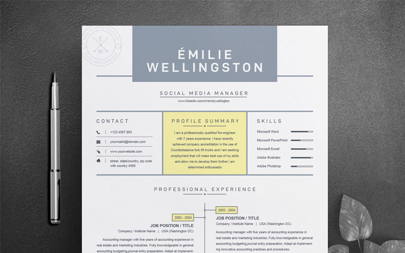 Download Резюме "Emilie Resume Template" / Emilie Resume Template - Резюме на тему графика resume template black cv and white professional curriculum vitae with photo word free microsoft mac pages photoshop psd illustrator eps