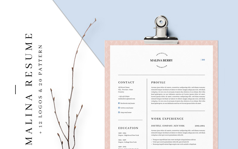 Download Резюме "MALINA  - 3 Pages + Bonus Resume Template" / MALINA  - 3 Pages + Bonus Resume Template - Резюме на тему графика resume cv template logo branding seamless pattern female letter a4 us eu size curriculum vitae title minimalist minimalism clean simple