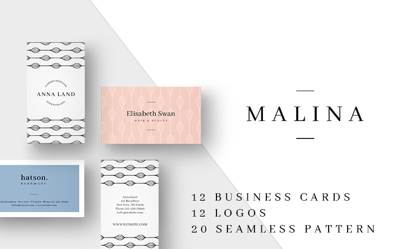 Download Фирменный стиль "MALINA Business Cards + Logos + Patterns - Corporate Identity Template" / MALINA Business Cards + Logos + Patterns - Corporate Identity Template - Фирменный стиль на тему графика logo logos brand branding template corporate design pattern seamless female minimalist minimalism clean modern simple bundle kit eu us identity