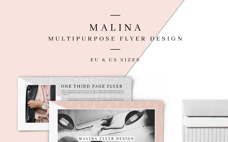Download Фирменный стиль "MALINA One Third Page Flyer + Pattern - Corporate Identity Template" / MALINA One Third Page Flyer + Pattern - Corporate Identity Template - Фирменный стиль на тему графика flyer template minimalist minimalism clean simple modern creative female feminine seamless patterns one third page eu us size din lang