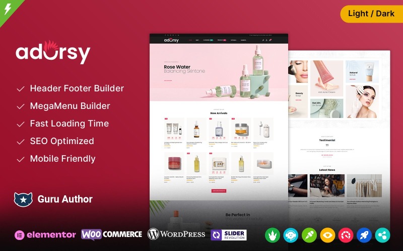 Adorsy - тема Elementor WooCommerce для магазина косметики, модной одежды и аксессуаров