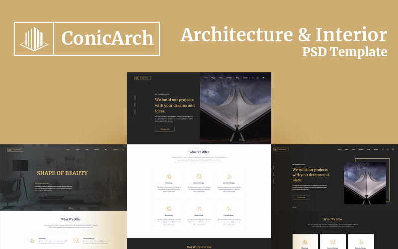 Download PSD шаблон "ConicArch - Architecture & Interior PSD Template" / ConicArch - Architecture & Interior PSD Template - PSD шаблон на тему графика architecture interior studio construction furniture design creative bootstrap portfolio blog shop ecommerce psd business realestate industry property