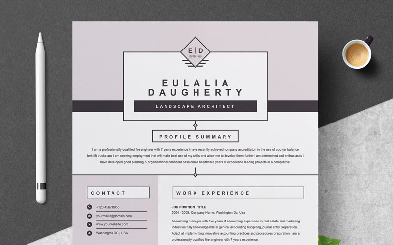 Download Резюме "Eulalia Daughuerty Resume Template" / Eulalia Daughuerty Resume Template - Резюме на тему графика 2 page resume 3 apple pages clean cover letter cv template cv word illustrator eps mac pages microsoft word photoshop