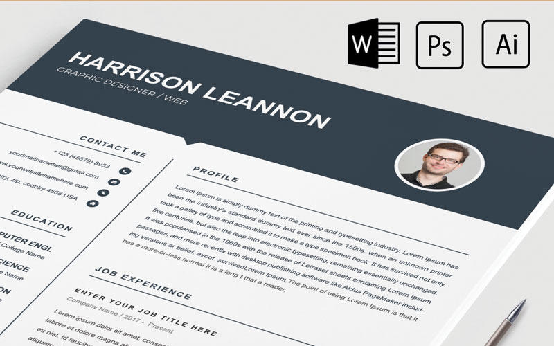 Download Резюме "Harrison Leannon Resume Template" / Harrison Leannon Resume Template - Резюме на тему графика 3-piece resume a4 blue bright career clean cv cover letter creative curriculum vitae design editable elegant job light professional template