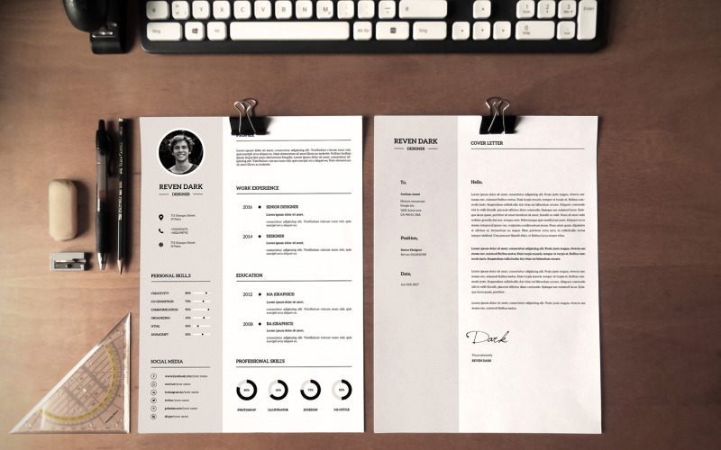 Download Резюме "Reven Dark Clean Resume Template" / Reven Dark Clean Resume Template - Резюме на тему графика cv,resume,psd,biodata,a4,creative,clean,professional,job,student,design