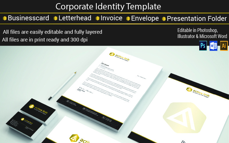 Download Фирменный стиль "Black and Golden Stationary - Corporate Identity Template" / Black and Golden Stationary - Corporate Identity Template - Фирменный стиль на тему графика corporate identity creative businesscard template black golden stationary letterhead invoice envelope folder simple office twocolor bundle
