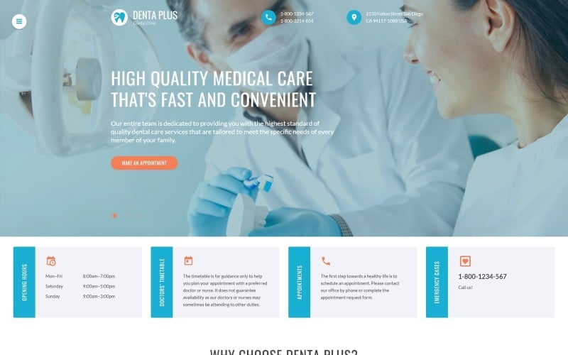 Denta Plus - Kant-en-klare, schone HTML-websitesjabloon voor tandartsen