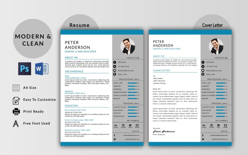 Download Резюме "Peter Anderson Resume Template" / Peter Anderson Resume Template - Резюме на тему графика resume,designer,cv,design,template,creative,clean,professional,modern,a4,docx,psd,simple,minimal