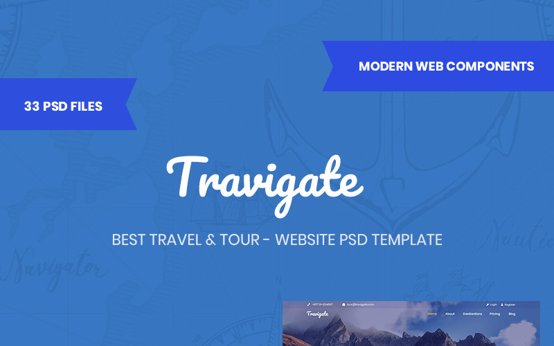 Download PSD шаблон "Travigate Travel & Tours Website PSD Template" / Travigate Travel & Tours Website PSD Template - Адаптивный PSD шаблон на тему графика psd tour travel tourism agency trip holiday