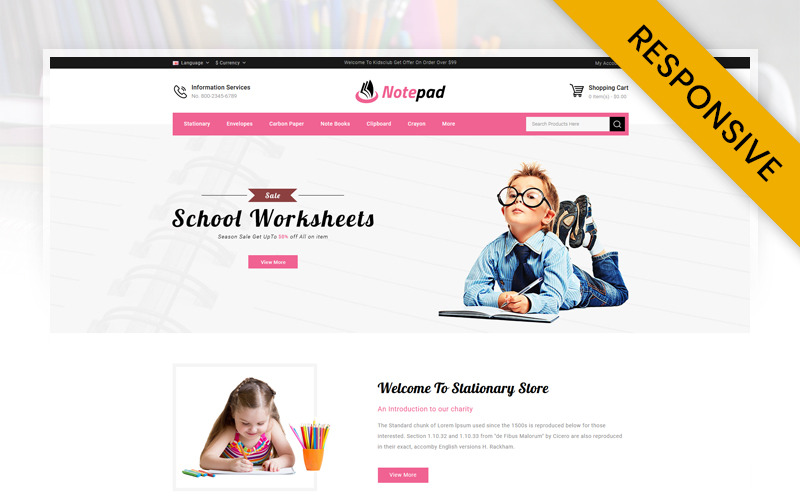 NotePad - 文具和教育商店 OpenCart 响应模板