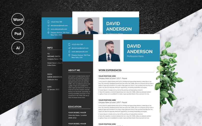 Download Резюме "David Anderson Resume Template" / David Anderson Resume Template - Резюме на тему графика 1,page,resume,2,a4,blue,clean,cover,letter,creative,cv,template,design,document,infographic,microsoft,word,minimalist,modern,photoshop