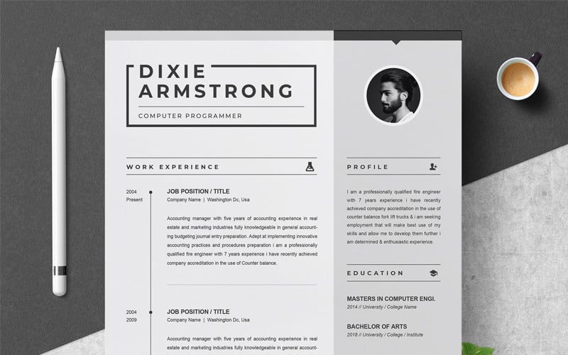 Download Резюме "Dixie Resume Template" / Dixie Resume Template - Резюме на тему графика resume template professional cv design word clean modern 2 page microsoft mac pages photoshop psd illustrator eps 1 3 cover