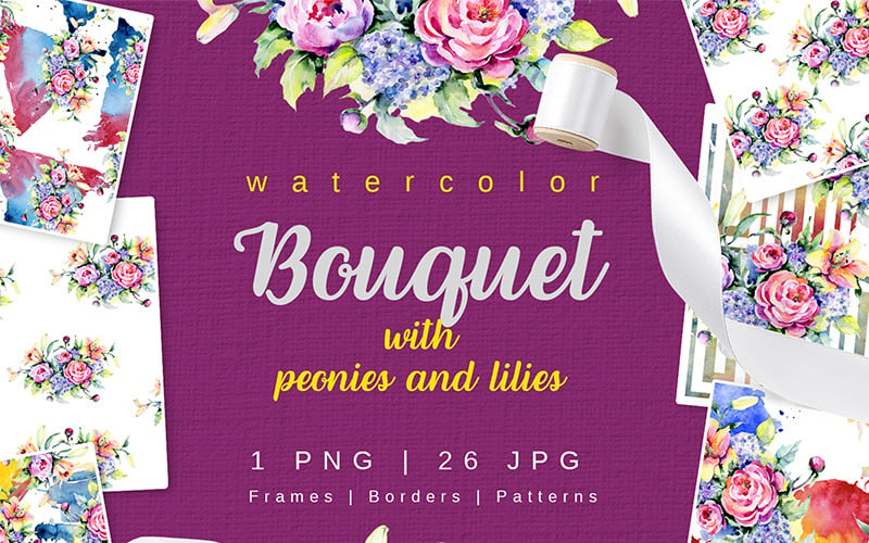 Bouquet con peonie e gigli acquerello png - illustrazione