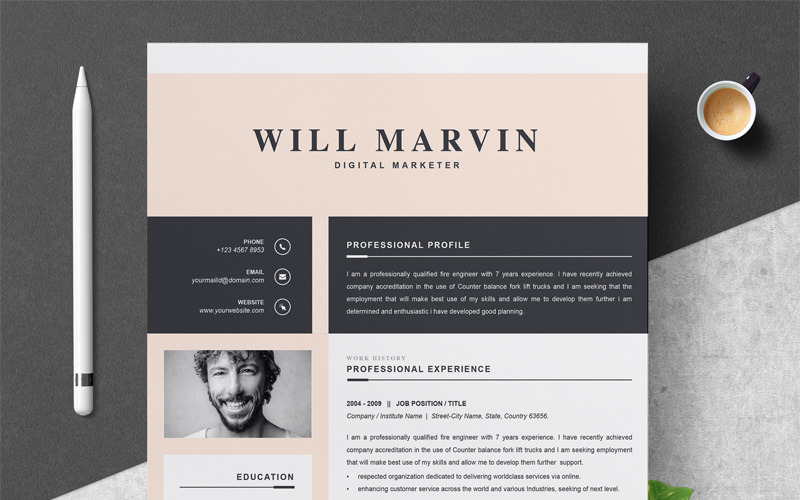 Download Резюме "Will Marvin Resume Template" / Will Marvin Resume Template - Резюме на тему графика resume template professional cv design word clean modern 2 page microsoft mac pages photoshop psd illustrator eps 1 3 cover