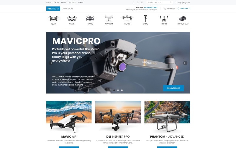 Pictrum - Drone Store E-handel Minimal Elementor WooCommerce-tema