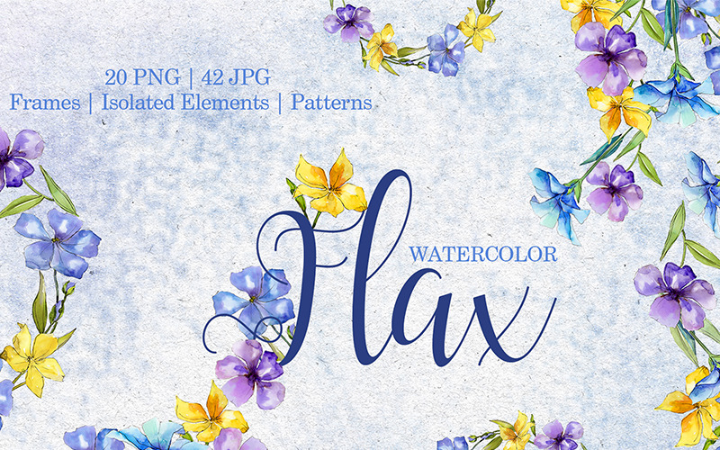 Vlas blauwe en gele bloemen aquarel Png - illustratie