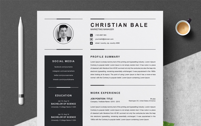 Download Резюме "Christian Bale - Resume Template" / Christian Bale - Resume Template - Резюме на тему графика professional resume cv template design word clean modern 2 page cover letter apple pages psd minimal microsoft mac photoshop illustrator
