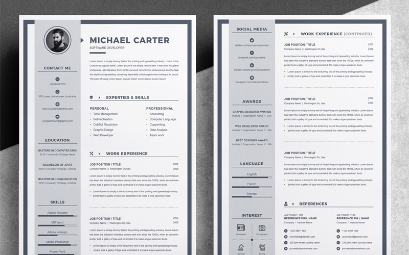 Download Резюме "Michael Carter Resume Template" / Michael Carter Resume Template - Резюме на тему графика professional resume cv template design word clean modern 2 page cover letter apple pages psd minimal microsoft mac photoshop illustrator