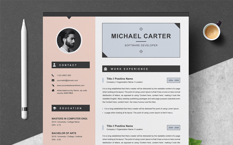 Download Резюме "Michael Carter - Resume Template" / Michael Carter - Resume Template - Резюме на тему графика professional resume cv template design word clean modern 2 page cover letter apple pages psd minimal microsoft mac photoshop illustrator