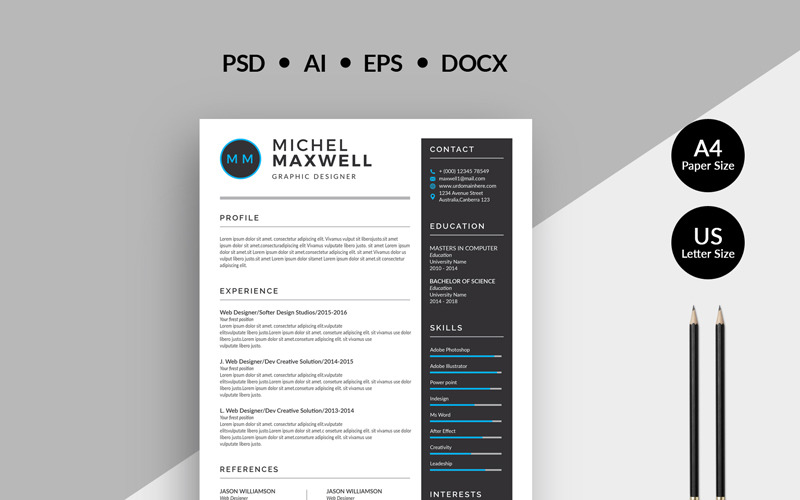 Download Резюме "Michel Maxwell - Resume Template" / Michel Maxwell - Resume Template - Резюме на тему графика resume cv clean creative word infographic modern professional student mac pages manager template bankers doctors job seekers