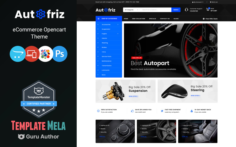 Autofriz - 汽车配件商店和工具商店 OpenCart 模板