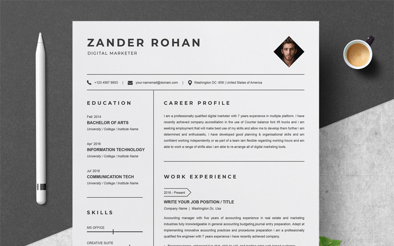 Download Резюме "Zander Rohan Resume Template" / Zander Rohan Resume Template - Резюме на тему графика professional resume cv template design word clean modern 2 page cover letter apple pages psd minimal microsoft mac photoshop illustrator