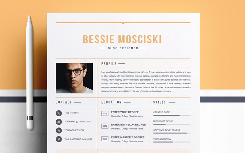 Download Резюме "Bessie Mosciski Resume Template" / Bessie Mosciski Resume Template - Резюме на тему графика professional resume cv template design word clean modern 2 page cover letter apple pages psd minimal microsoft mac photoshop illustrator