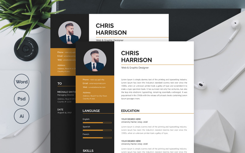 Download Резюме "Chris Harrison Resume Template" / Chris Harrison Resume Template - Резюме на тему графика 1,page,resume,2,clean,cover,letter,creative,cv,design,document,docx,elegant,employment,infographic,minimalist,modern,ms,word,professional