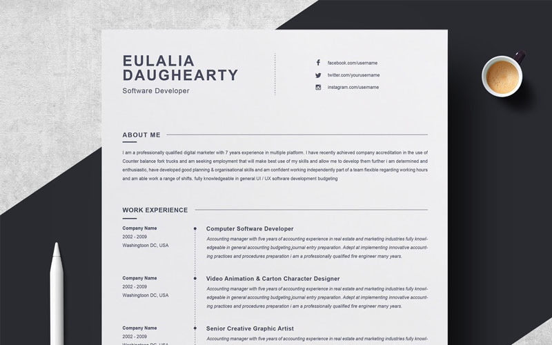 Download Резюме "Eulalia Daughearty Resume Template" / Eulalia Daughearty Resume Template - Резюме на тему графика professional resume cv template design word clean modern 2 page cover letter apple pages psd minimal microsoft mac photoshop illustrator