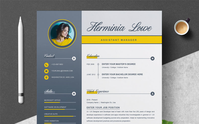 Download Резюме "Herminia Lowe - Resume Template" / Herminia Lowe - Resume Template - Резюме на тему графика professional resume cv template design word clean modern 2 page cover letter apple pages psd minimal microsoft mac photoshop illustrator