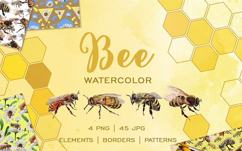 蜜蜂水彩Png-光栅插图