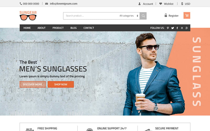 Sungear - багатоцільовий шаблон магазину сонцезахисних окулярів PSD
