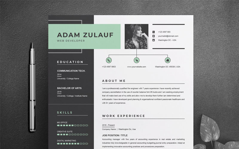Download Резюме "Adam Zulauf Resume Template" / Adam Zulauf Resume Template - Резюме на тему графика professional resume cv template design word clean modern 2 page cover letter apple pages psd minimal microsoft mac photoshop illustrator