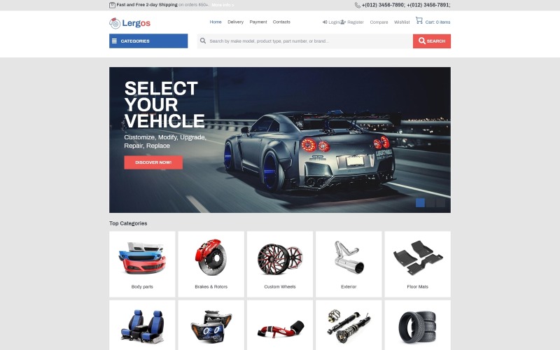 Lergos - Bilreservdelar E-handel Klassiskt Elementor WooCommerce-tema