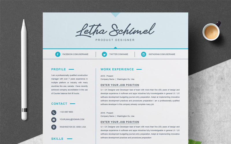Download Резюме "Letha Schimel Resume Template" / Letha Schimel Resume Template - Резюме на тему графика professional resume cv template design word clean modern 2 page cover letter apple pages psd minimal microsoft mac photoshop illustrator