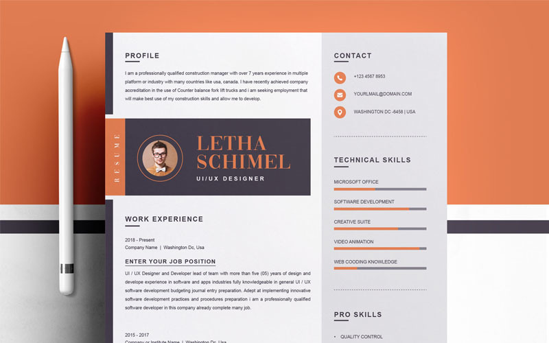 Download Резюме "Letha Schimel Resume Template" / Letha Schimel Resume Template - Резюме на тему графика professional resume cv template design word clean modern 2 page cover letter apple pages psd minimal microsoft mac photoshop illustrator