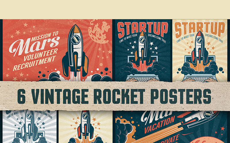 6 carteles antiguos de cohetes - Ilustración