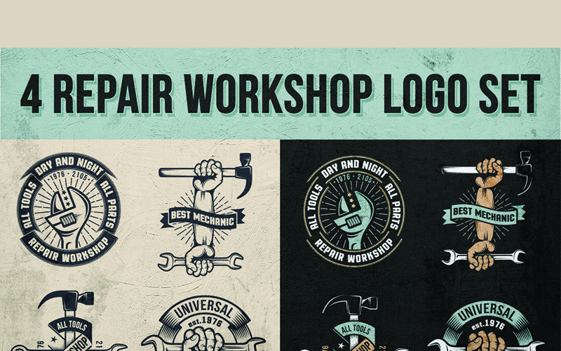 Download Иллюстрация "Repair Workshop Logo set - Illustration" / Repair Workshop Logo set - Illustration - Иллюстрация на тему графика emblem badge label illustration banner professional poster stamp ribbon symbol