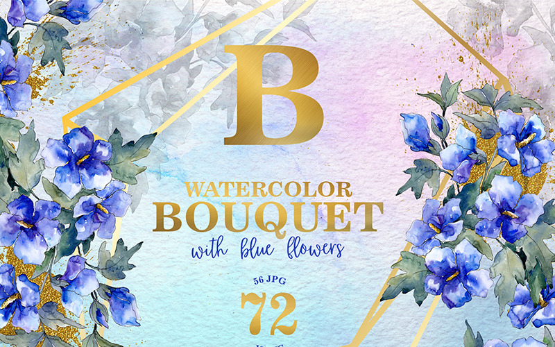 Bouquet Com Flores Azuis Aquarela Png - Ilustração