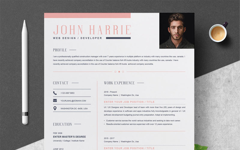 Download Резюме "John Harrie Resume Template" / John Harrie Resume Template - Резюме на тему графика professional resume cv template design word clean modern 2 page cover letter apple pages psd minimal microsoft mac photoshop illustrator