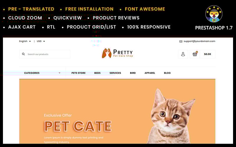 Modello PrestaShop del modello del negozio di animali graziosi