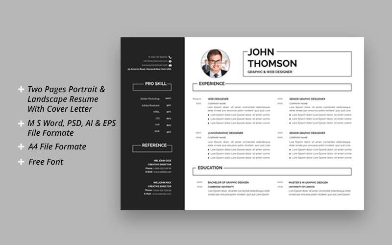 Download Резюме "John Thomson Resume Template" / John Thomson Resume Template - Резюме на тему графика a4 business clean cover letter curriculum vitae design editable illustrator indesign layered microsoft word modern photoshop portfolio print ready professional