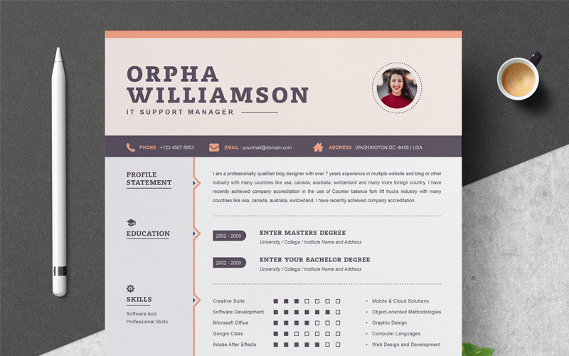 Download Резюме "Orpha Williamson Resume Template" / Orpha Williamson Resume Template - Резюме на тему графика professional resume cv template design word clean modern 2 page cover letter apple pages psd minimal microsoft mac photoshop illustrator