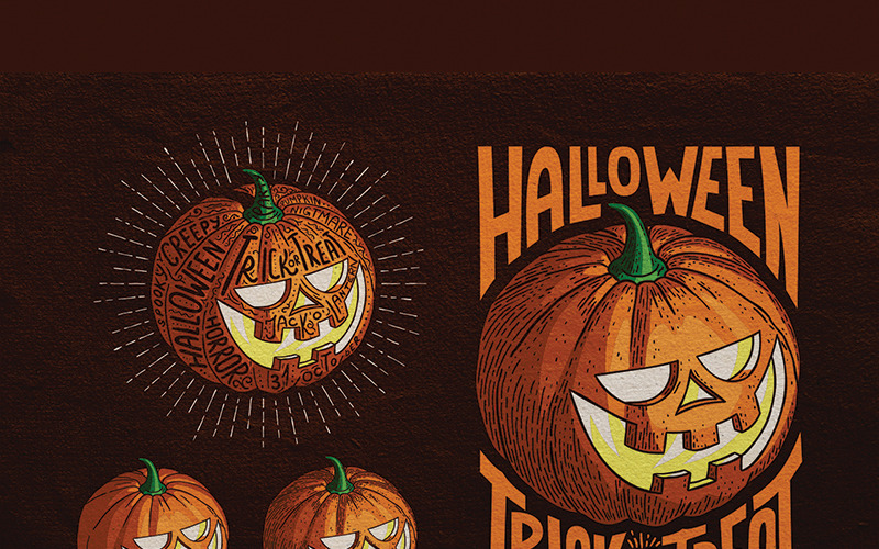 Styl gravírování dýně Halloween - ilustrace