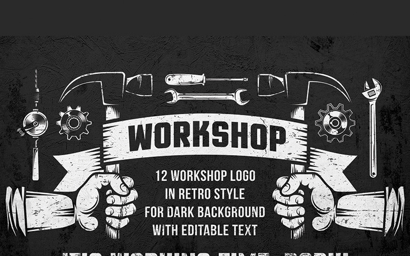 Download Иллюстрация "Workshop Emblems On Dark - Illustration" / Workshop Emblems On Dark - Illustration - Иллюстрация на тему графика emblem badge label illustration banner professional poster stamp ribbon symbol