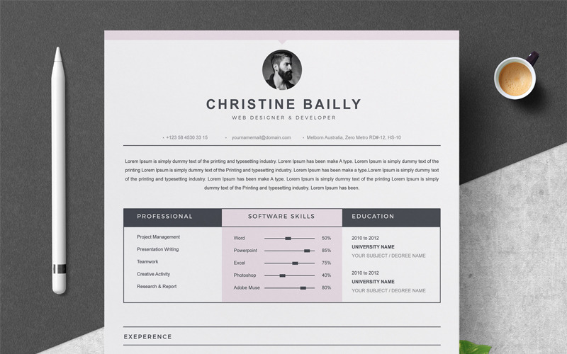 Download Резюме "Christine Bailly Resume Template" / Christine Bailly Resume Template - Резюме на тему графика professional resume cv template design word clean modern 2 page cover letter apple pages psd minimal microsoft mac photoshop illustrator