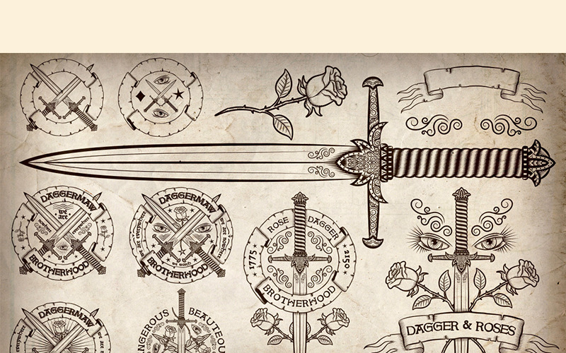 Download Иллюстрация "Dagger and Rose Vintage Emblem - Illustration" / Dagger and Rose Vintage Emblem - Illustration - Иллюстрация на тему графика emblem badge label illustration banner professional poster stamp ribbon symbol