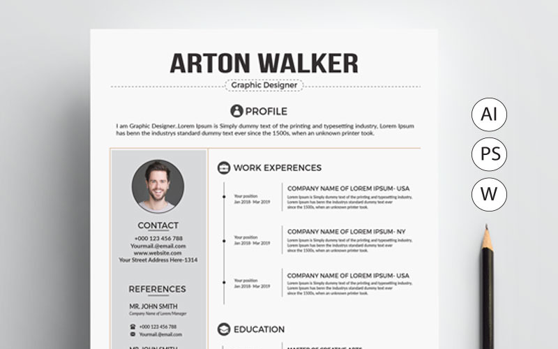 Download Резюме "Arton Walker Resume Template" / Arton Walker Resume Template - Резюме на тему графика clean resume cover letter creative curriculum vitae cv design template free illustrator eps mac page mac pages microsoft word modern
