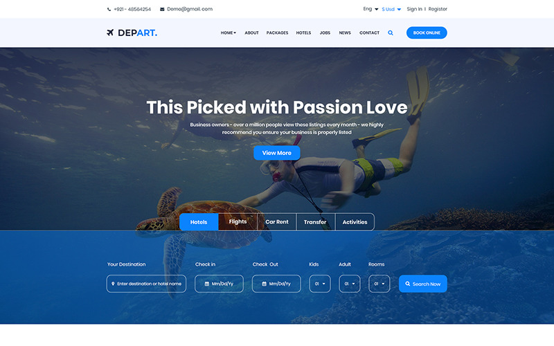 Download PSD шаблон "Depart - Travel PSD Template" / Depart - Travel PSD Template - PSD шаблон на тему путеводитель beach booking holiday honeymoon places reservation responsive summer tour operator tourism travel agency trip vacation