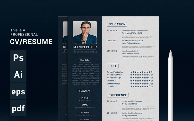 Download Резюме "Kelvin Peter Resume Template" / Kelvin Peter Resume Template - Резюме на тему графика a4,clean,complete,cover,letter,creative,curriculum,vitae,cv,design,document,docx,editable,employment,flexible,fresh,illustrator,job,modern,eps